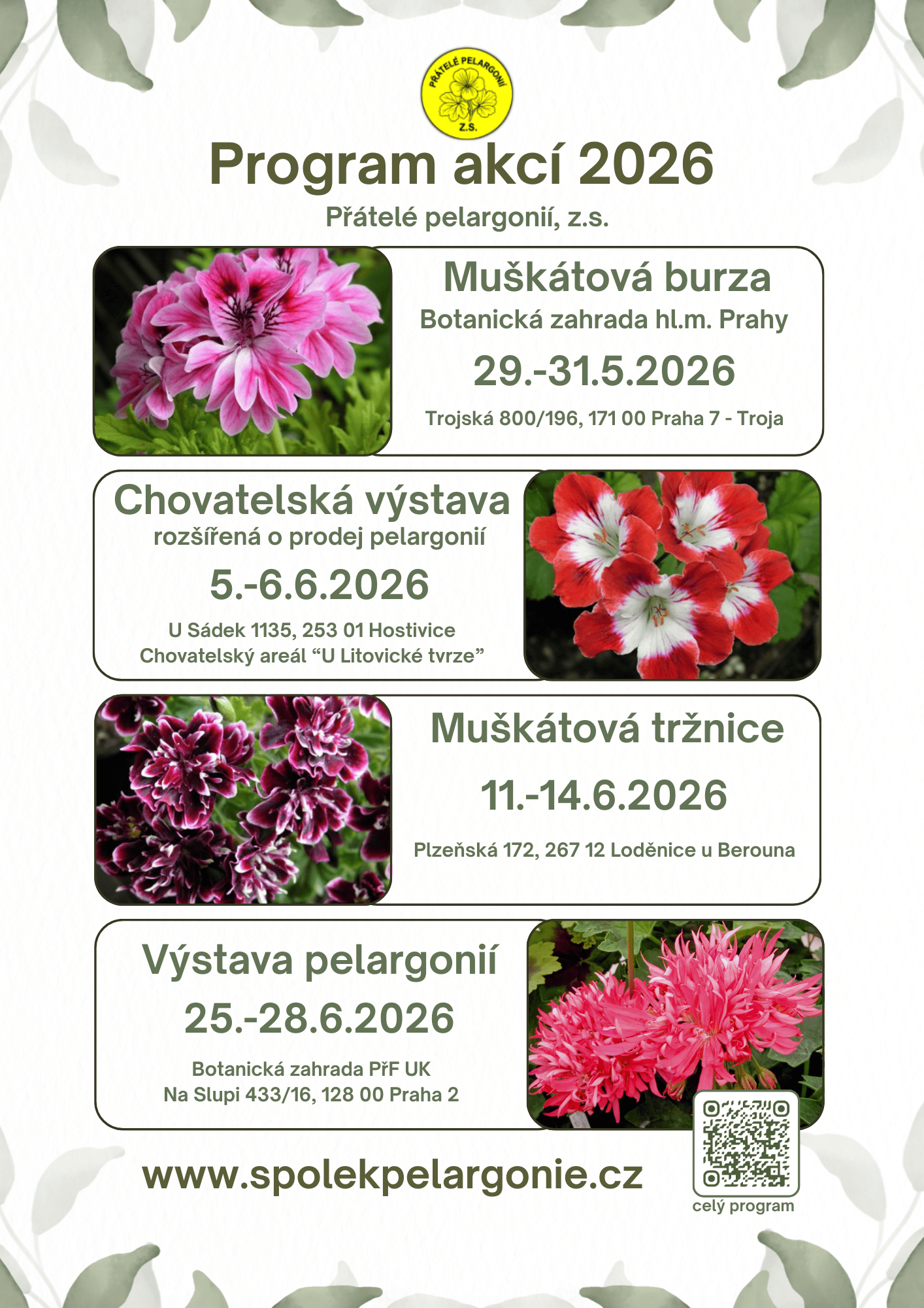 Muškátové burzy a výstavy v roce 2026